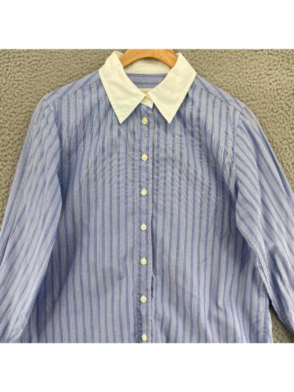 Talbots Shirt Womens 6 Petite VTG Blue Striped Cotton Button Up Contrast Collar - Picture 2 of 10